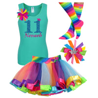11th Birthday Girl - White Shirt Rainbow Tutu Outfit - Bubblegum Divas Store