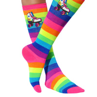 legs wearing Girls Socks with Roller skates rainbow long striped kids knee high socks