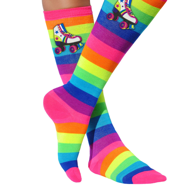 legs wearing Girls Socks with Roller skates rainbow long striped kids knee high socks