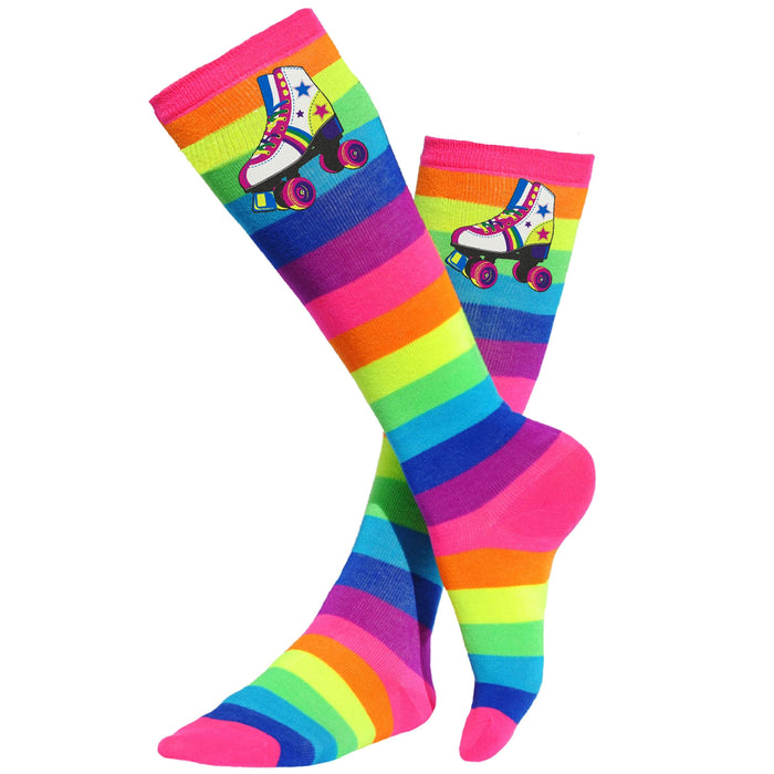 Girls Socks with Roller skates rainbow long striped kids knee high socks