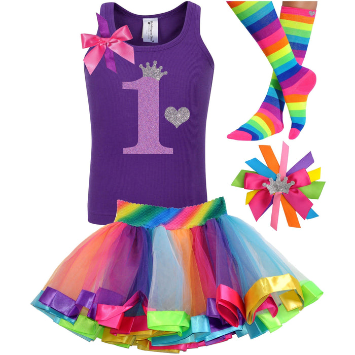 1st Birthday Lavender Glitter Shirt Girls Rainbow Tutu Party Outfit 4PC Set - Outfit - Bubblegum Divas Store