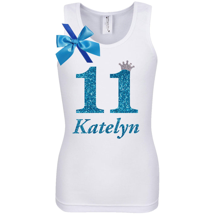 Personalized Blue Glitter Number Eleven Birthday Shirt