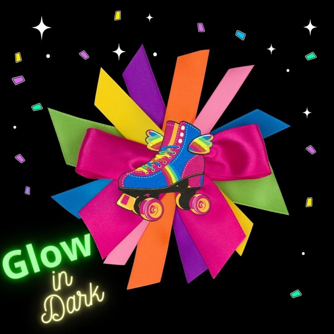 Happy Wings Roller Skate Hair Bow Rainbow Ribbon Barrette Glow in Dark