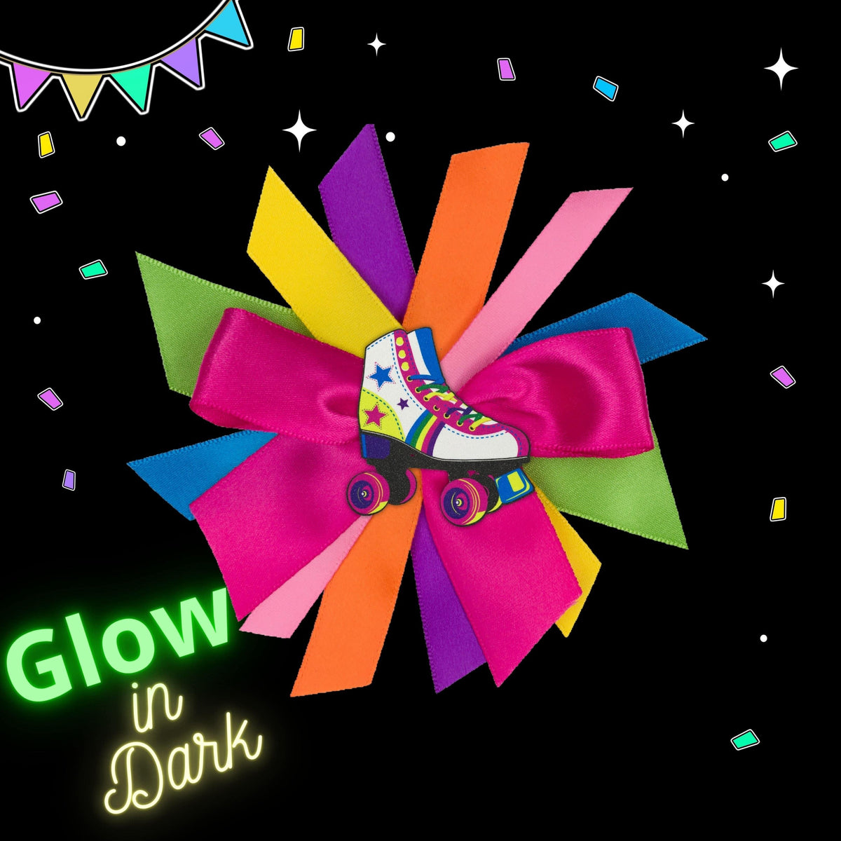 Lucky Star Roller Skate Hair Bow Rainbow Ribbon Barrette Glow in Dark