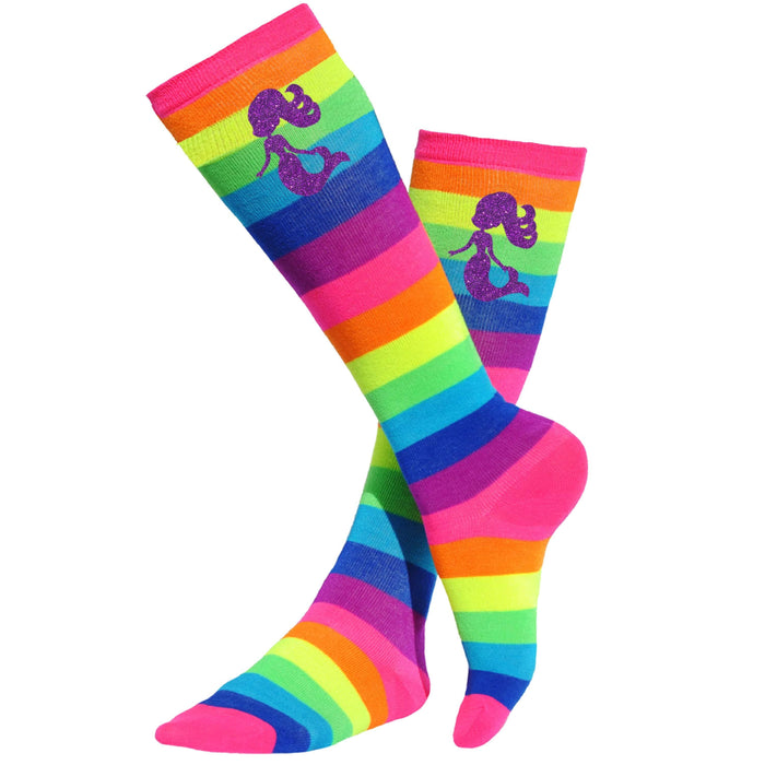 Purple Glitter Mermaid Socks Neon Rainbow Stripes