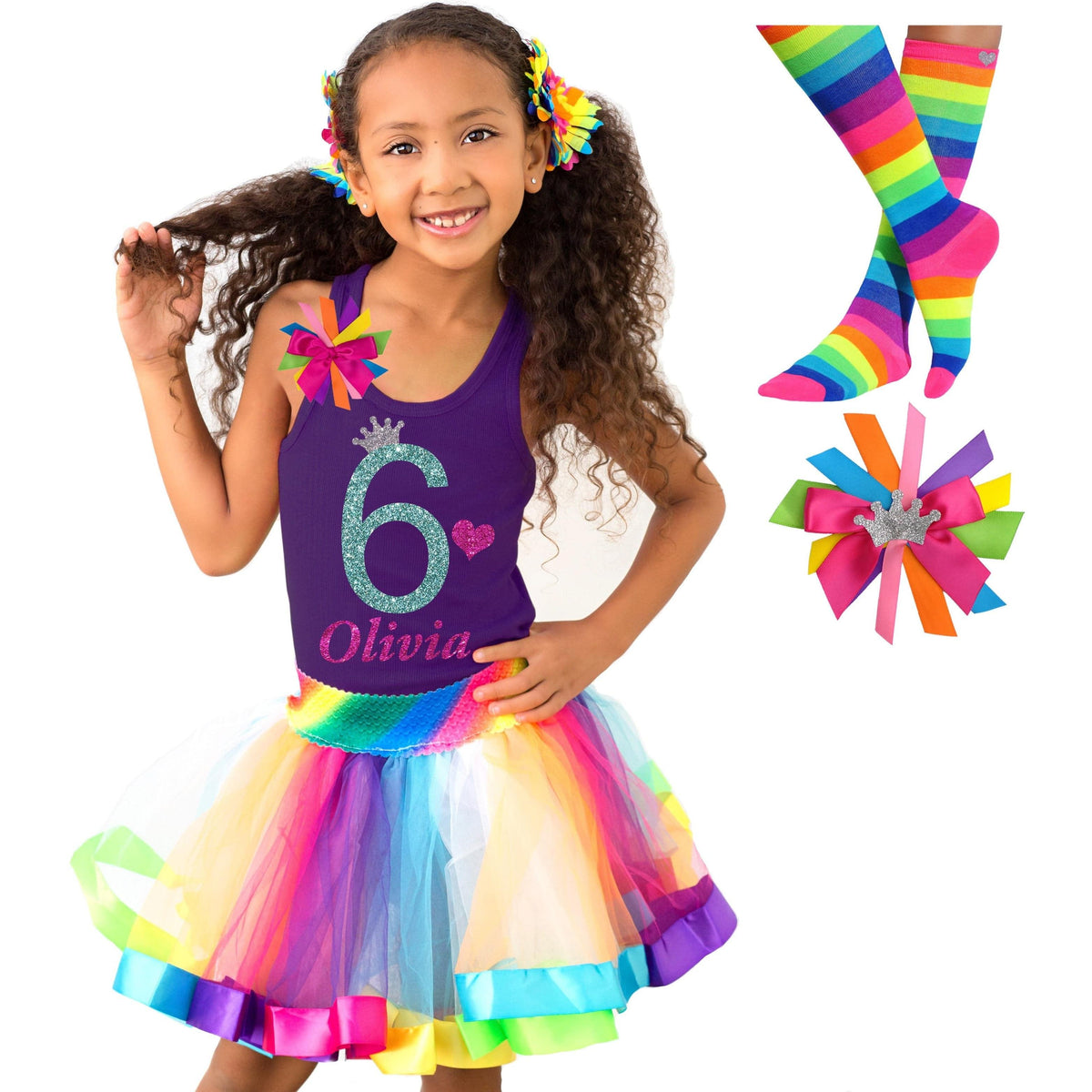6th Birthday Girl Shirt 6 Kids Rainbow Party Outfit Personalized Gift