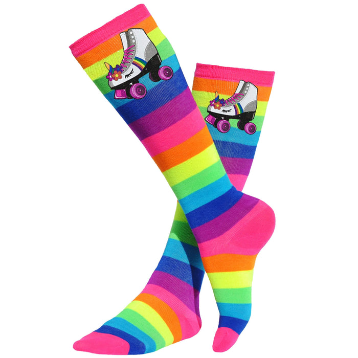 Roller skate rainbow knee-high socks bright colorful stripes with a Princess Unicorn Roller Skate design