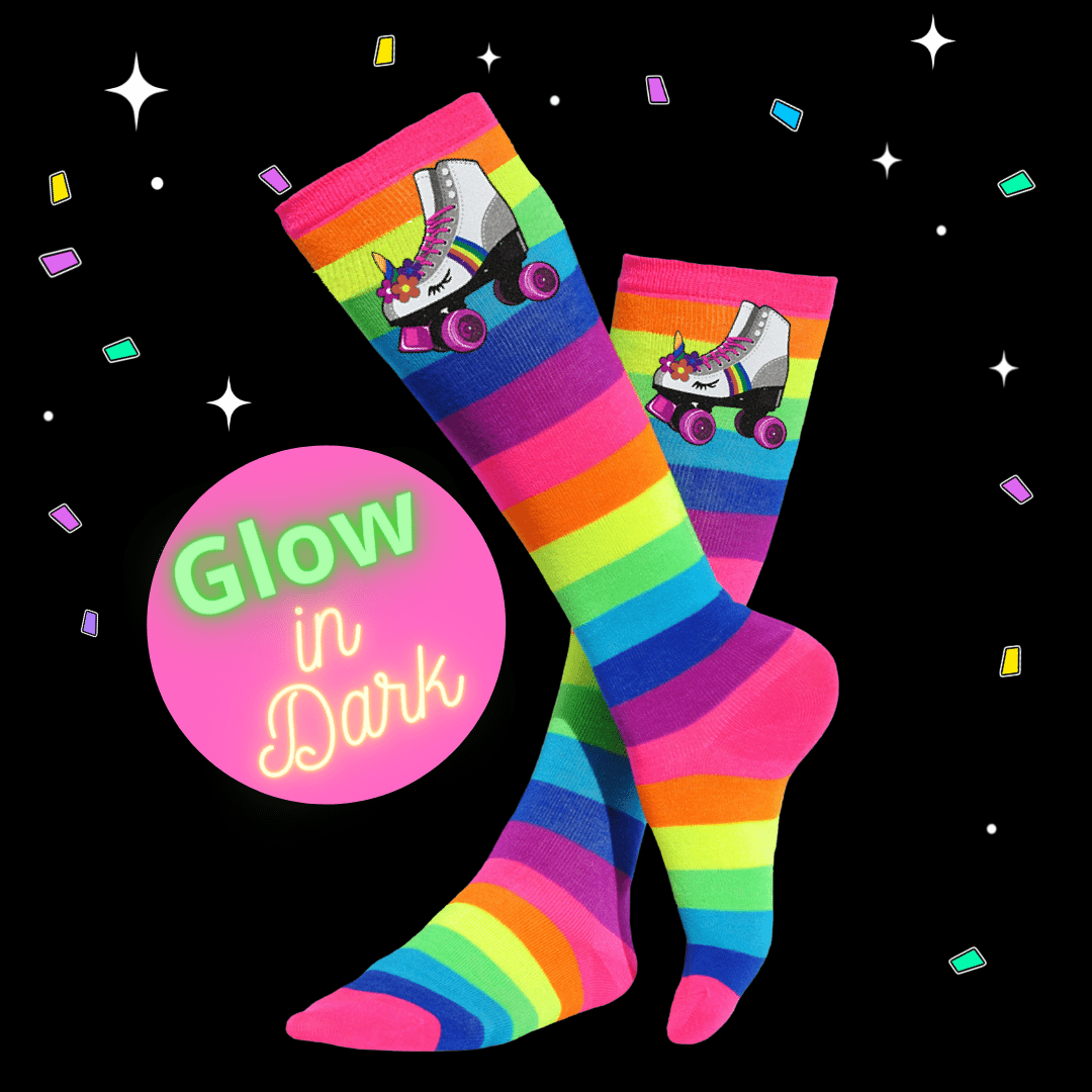 Roller skate rainbow knee-high socks bright colorful stripes with a Princess Unicorn Roller Skate design Glow in dark