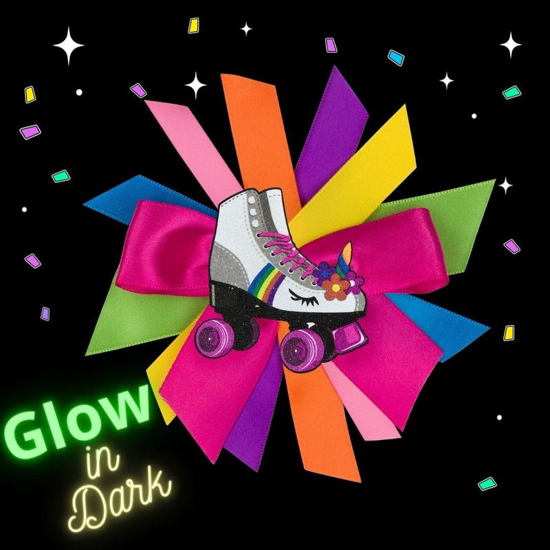 Princess Roller Skate Hair Bow Rainbow Ribbons Barrette Glow in Dark
