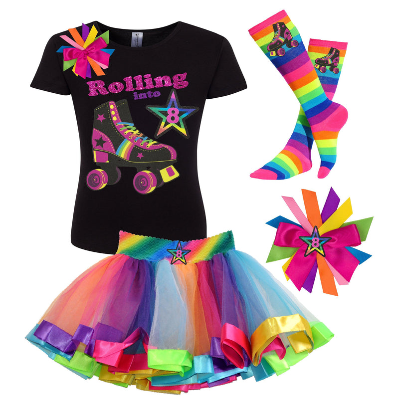 Roller-Skate-Shirt-Black-Kids-Tutu-Rainbow-Birthday- Girls-Sock-Hairbow