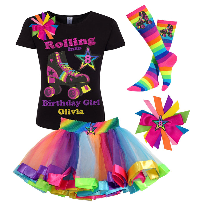 Personalized-Roller-Skate-Shirt-Black-Kids-Tutu-Rainbow-Birthday- Girls-Sock-Hair-bow