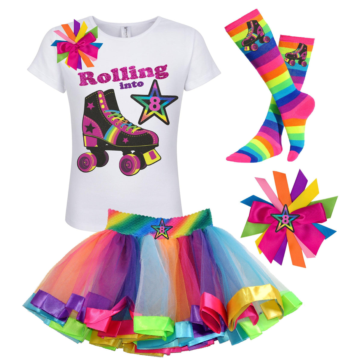 Roller-Skate-Shirt-Black-Kids-Tutu-Rainbow-Birthday- Girls-Sock-Hair bow