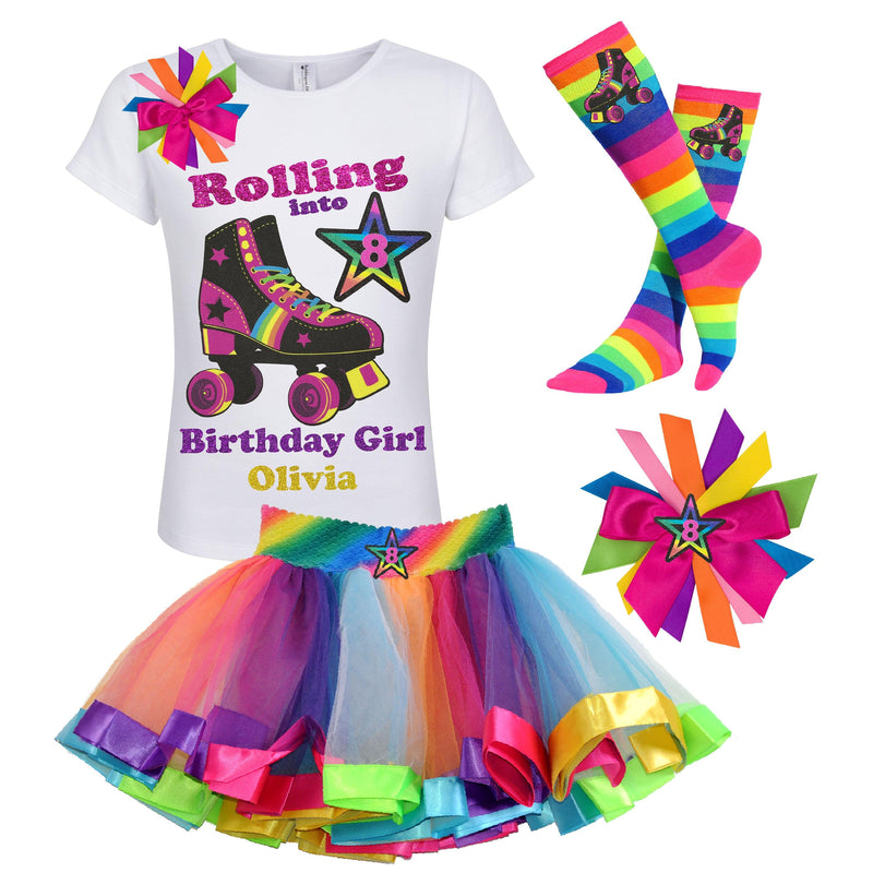Personalized-Roller-Skate-Shirt-White-Kids-Tutu-Rainbow-Birthday- Girls-Sock-Hair-bow