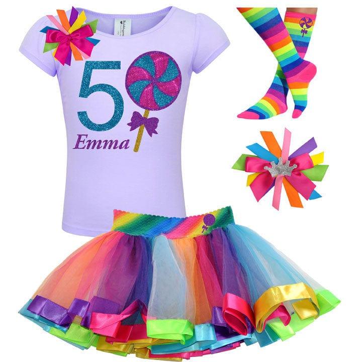 Girls 5th Birthday Lollipop Shirt & Rainbow Tutu Skirt