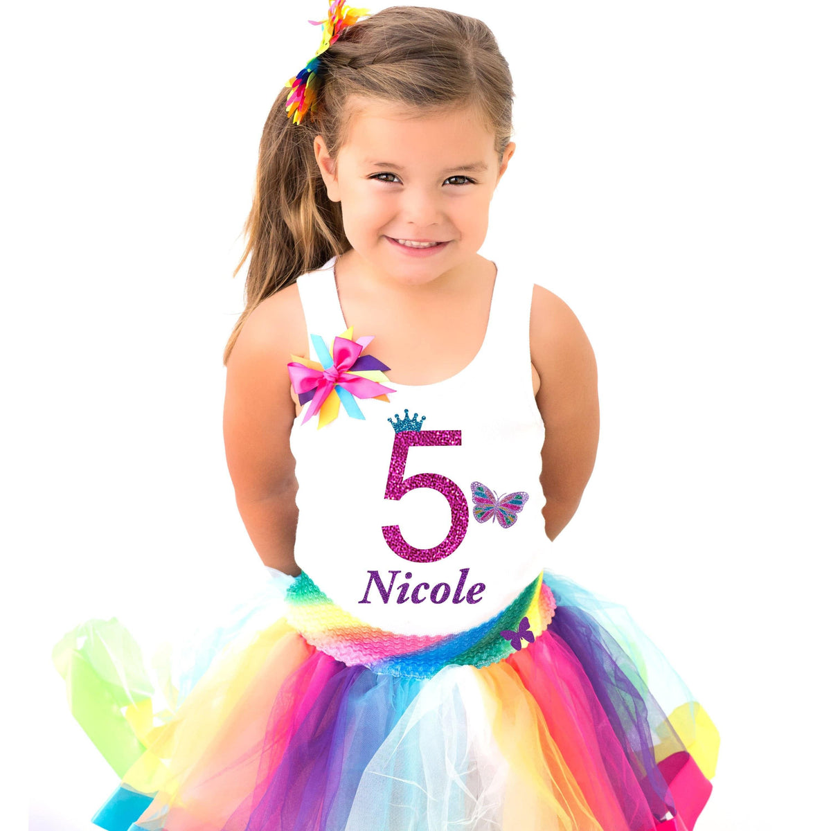 5th Birthday Rainbow Monarch Butterfly Shirt - Bubblegum Divas 