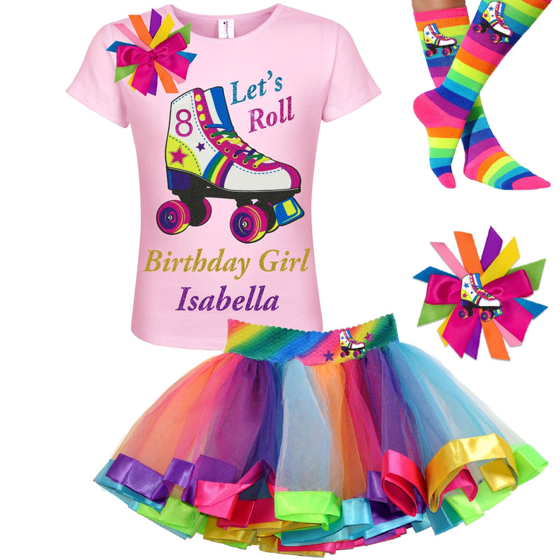 Girls Roller Skate Party Outfit 8th Birthday Shirt Rainbow Tutu Skirt Glitter Roller Derby Socks Glow Skating Personalized Gift 8