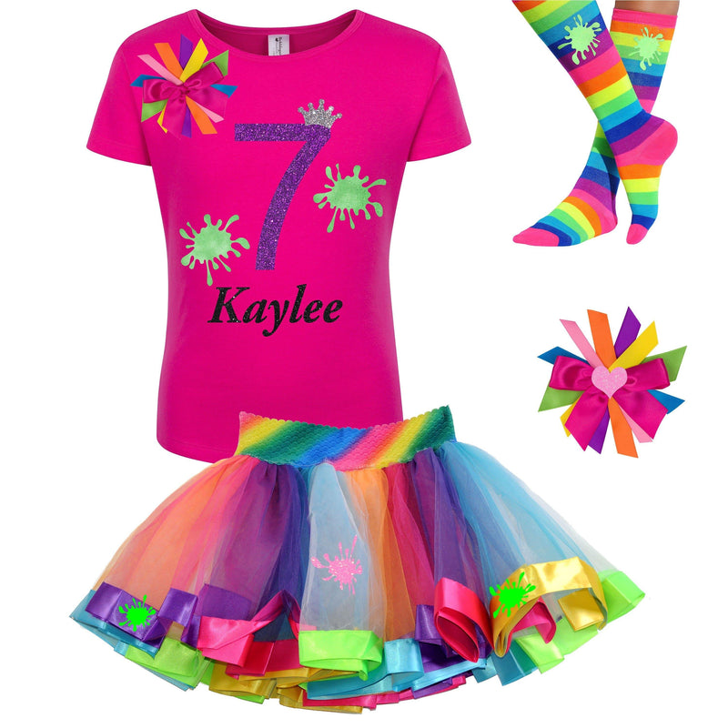 Slime 7th Birthday Girl Outfit Glow Party Costume Rainbow Tutu Skirt Socks Hair Bow Personalized Name 7