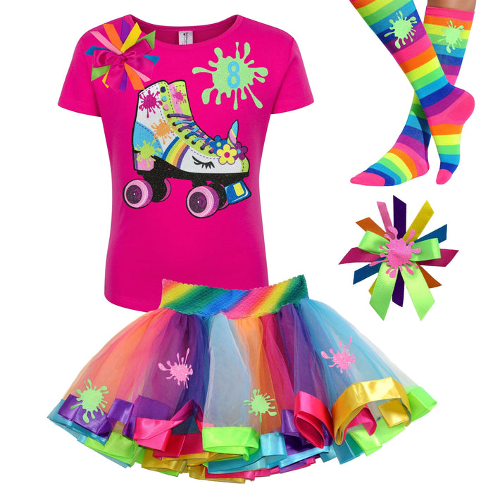 Rainbow Slime Shirt Unicorn Birthday Roller Skate Outfit Glow Skating Party Roller Derby Rainbow Tutu Skirt Personalized Name 8th Birthday 8